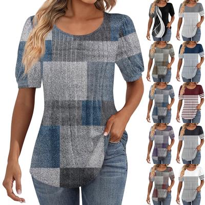 Женские пышные туники с короткими рукавами, топы, плиссированные блузки с воротником, повседневные свободные весенне-летние футболки