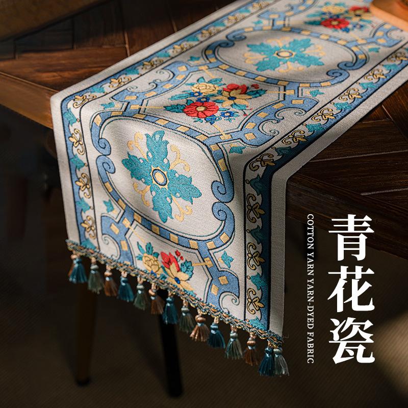 Jacquard Table Runner Vintage Table Table Cover Pastoral Style with Long Strip Fabric Tassel Tablecloth Home TV Cabinet Decor