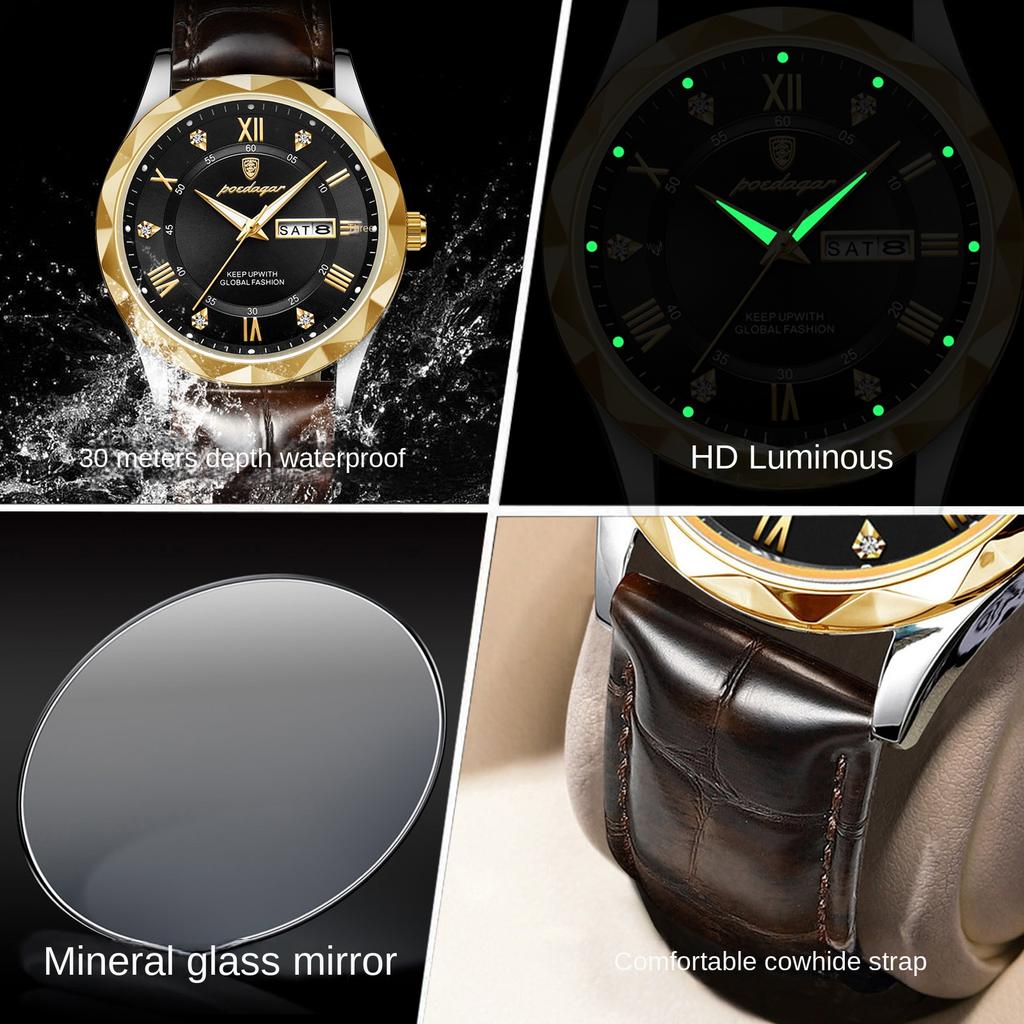 Модные кожаные часы класса люкс, водонепроницаемые, светящиеся, новые мужские часы, автоматический календарь, кварцевые часы с неделей