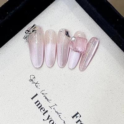 Чистые ручной работы фототерапевтические носимые ногтевые пластины для летних ночей, слегка прохладные, длинные овальные, носимые, готовый продукт, многоразовые наклейки для ногтей