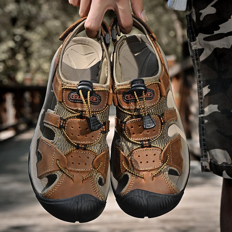 Кожаные мужские пляжные сандалии для воды, летние уличные повседневные спортивные сандалии с закрытым носком, нескользящие мягкие походные забродные кроссовки