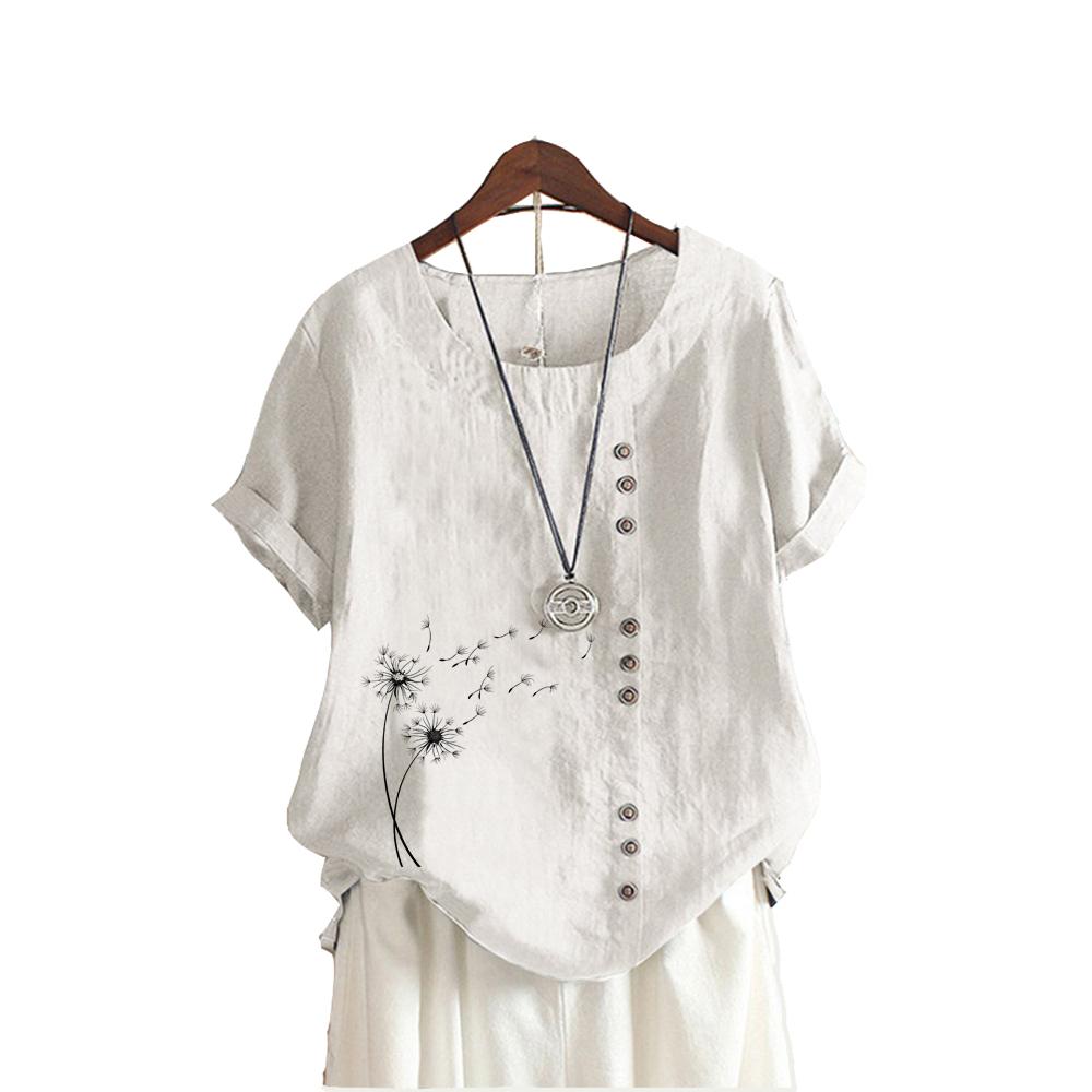 Женская свободная рубашка большого размера, женская повседневная блузка с круглым воротником и принтом, летняя модная блузка с коротким рукавом