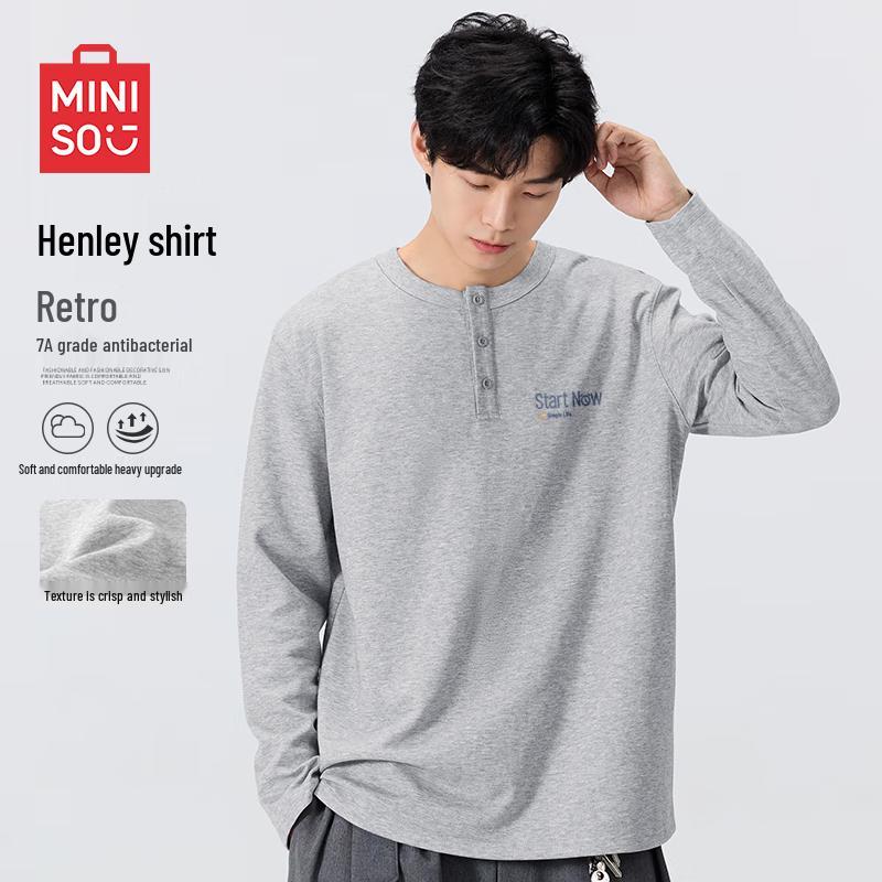 MINISO Мужская антибактериальная футболка-henley свободного кроя с длинным рукавом