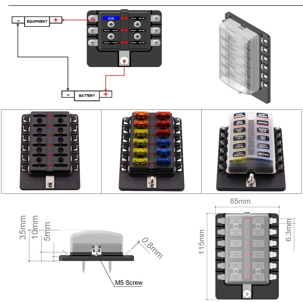 12 Ways Blade Fuse Holder Block, Car Boat Marine Fuse Box Holder Indicator 12V~24V Power Distribution Panel Board Car Kit Fuse