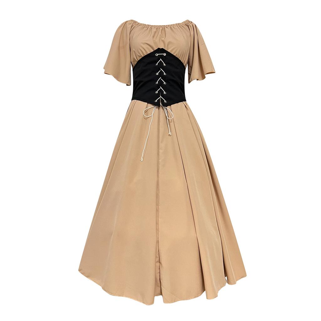 Women's Round Neck Dress Flare Sleeve Off Shoulder Medieval Vintage Dresses with Corset Patchwork Ball Gown