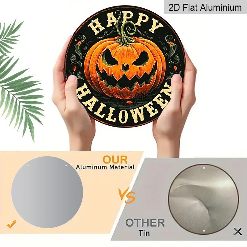2D Flat Aluminum Decorative Plaques and Ornaments Sign, Round Metal Halloween Sign with Spiral Stem Jack Pumpkin, Distressed Rustic Wall Hanging