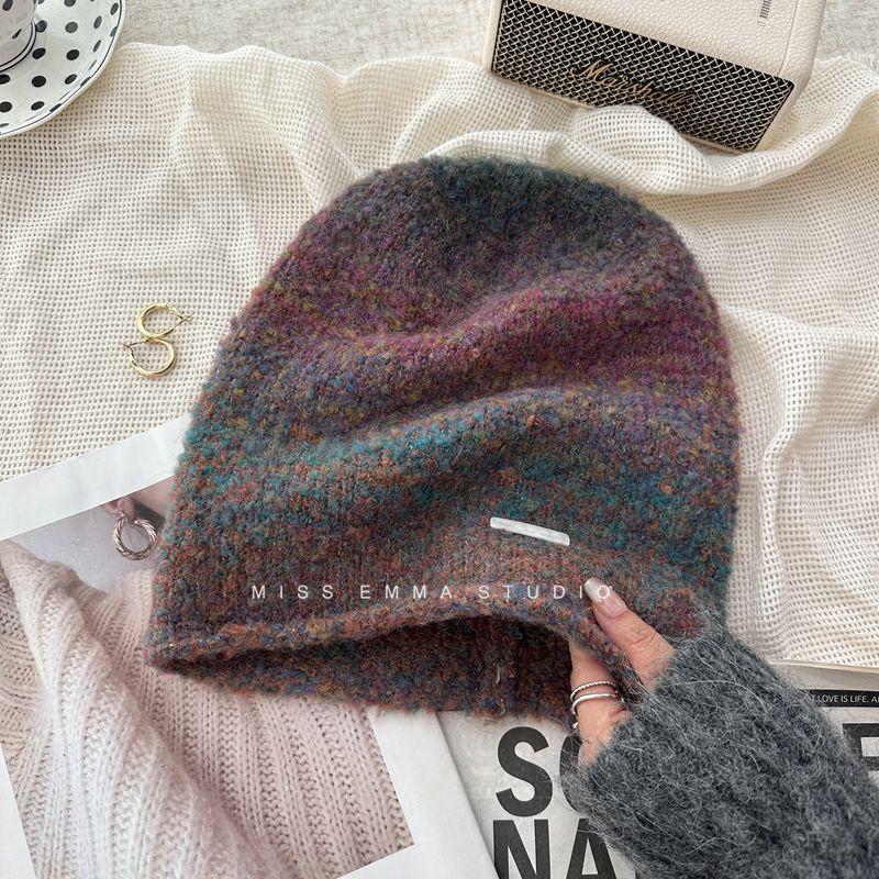 Шерстяная круглая шапка для осени и зимы, шерстяная шапка с большой окружностью головы, универсальная, повседневная, холодная, с постепенным изменением, для защиты ушей, теплая вязаная шапка