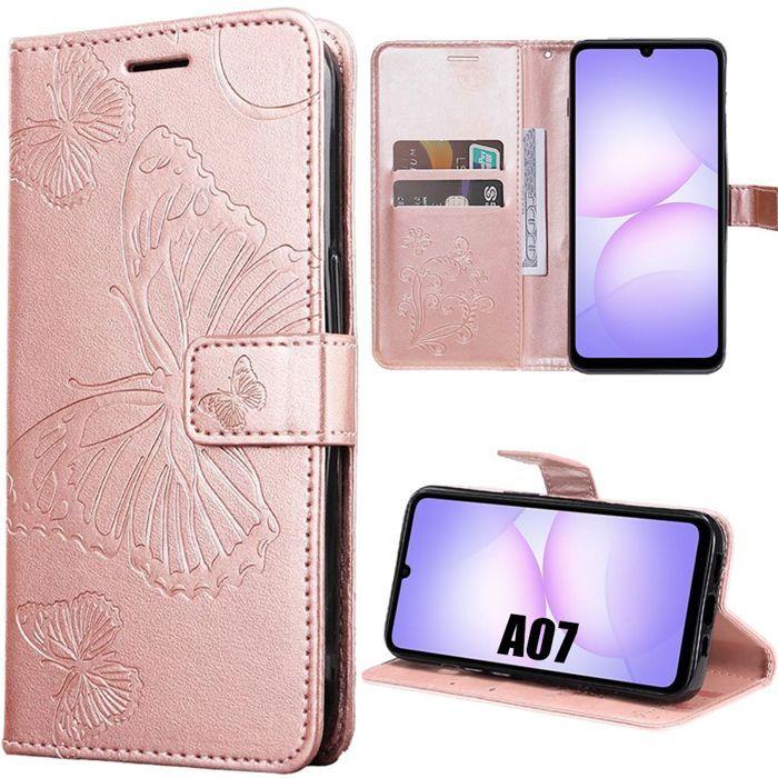 Coque de Protection - BOOLING - pour Samsung Galaxy A07 - Antichoc Effet Cuir Rose avec Motif Papillon