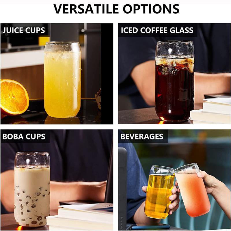 2Pcs 550ml Glass Cup Can Shaped Drinking Glasses Iced Coffee Cup Bubble Tea Mug Beer Tumbler Juice Milk Beverage Cup with Straws