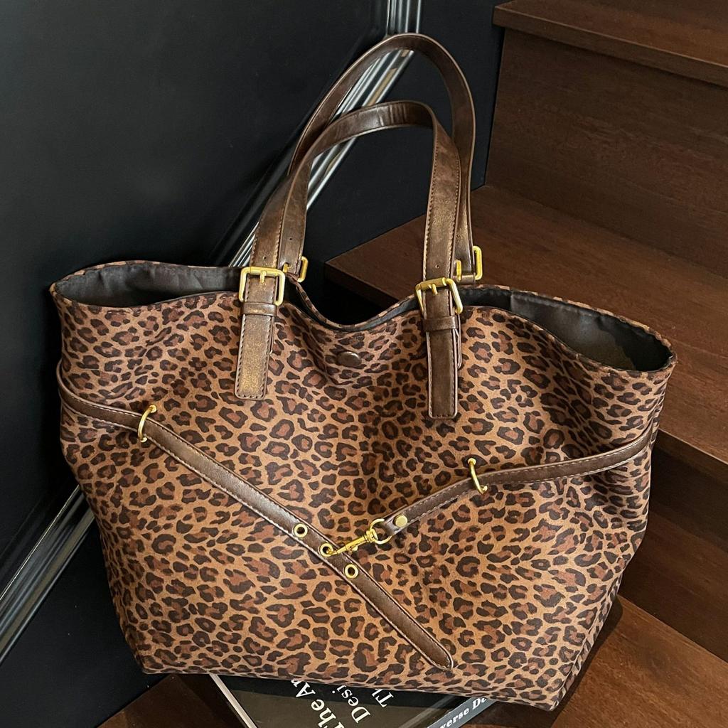 Корейский поднос с леопардовым принтом, очень большая сумка, женская, 2025, новая мода, ретро сумка для покупок, большая вместимость, повседневная сумка через плечо, тренд