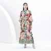 Spring Summer Women Plus Size Stand Collar Retro Print Single Breasted Long Maxi Loose Holiday Beach Dresses with Belt