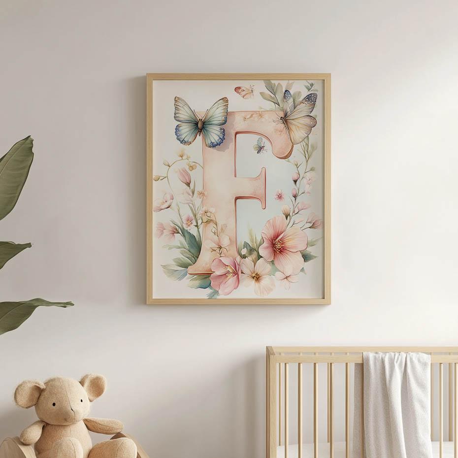 Letter "F" In Bloom - Decorative Poster Letter "F" In Bloom - Decorative Poster, 30X40 Cm, Dark Brown Wooden Frame, 230 Gsm Matte Paper