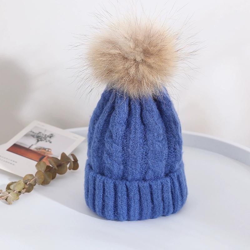 Children's Hat Winter Boy Girl Raccoon Hairball Knitted Hat Baby Twist Windproof Warm Wool Hat