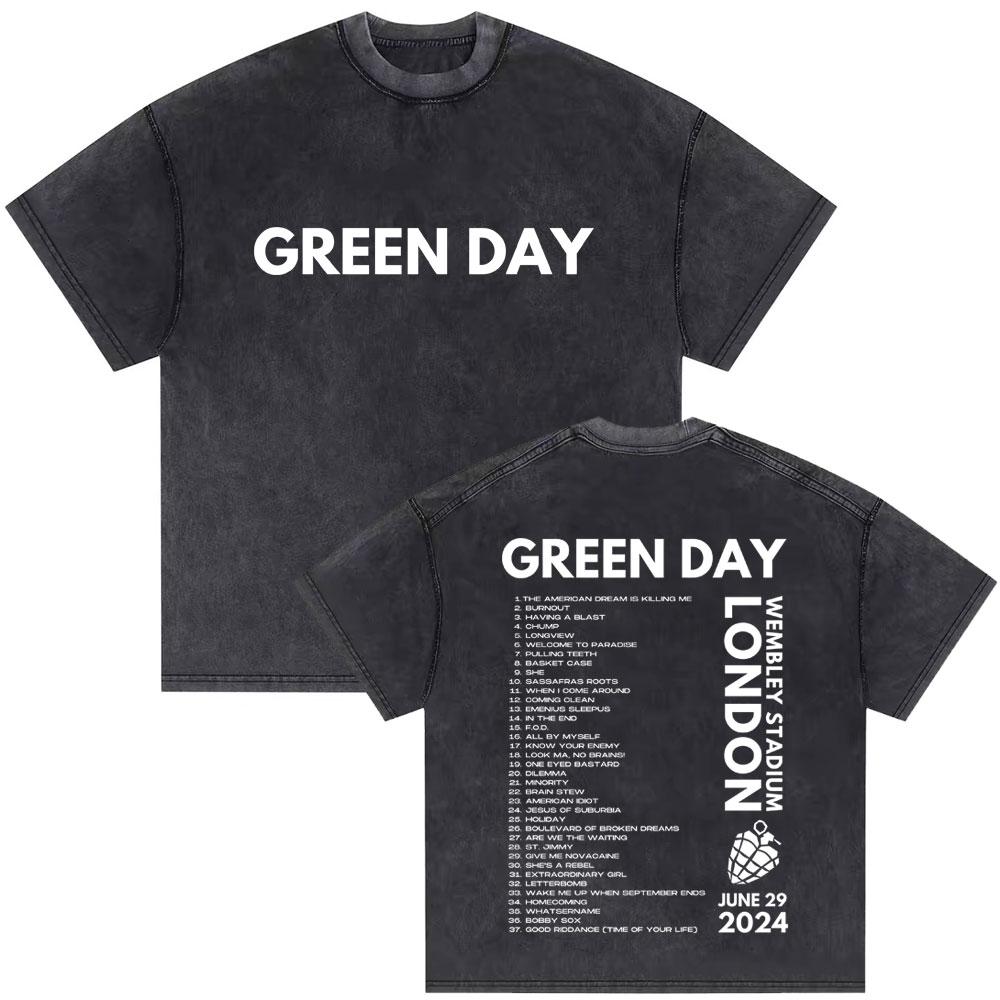Washed Vintage Punk Band Green Day  World Tour T Shirts Men Retro Gothic Rock Tshirt Male Cotton Casual Oversized Tshirts
