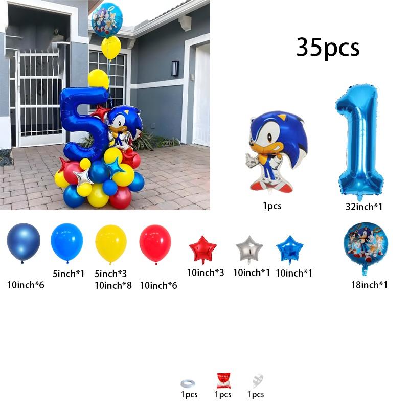 35-Piece Sonic the Hedgehog Cartoon Character Boys’ Balloon Kit – Number Combo Foil Balloons for Birthday Party, Baby Gift
