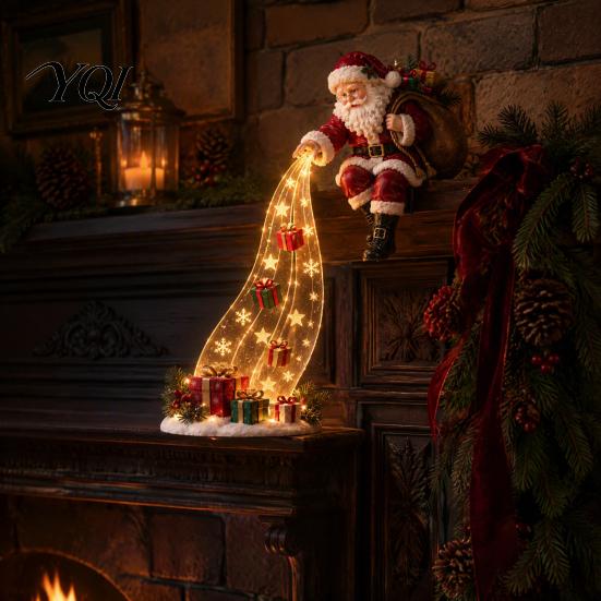 Decorative Plastic Holiday Figures LED Waterfall Christmas Shelf Sitter Figurine, Light Up Santa Claus Snowman Night Angel Statue, Bookshelf