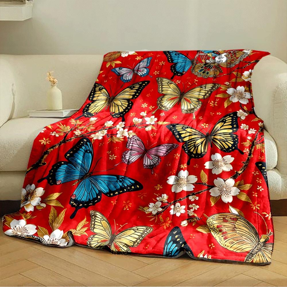 Colorful butterflies and white blossoms on a vibrant red background. for all seasons blanket lunch break throw gift