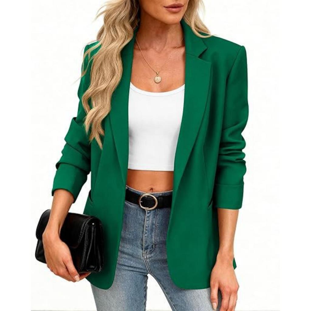 Женская блейзер-куртка в стиле business casual с длинным рукавом и отложным воротником для работы
