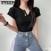 Нерегулярная футболка женская весенняя с коротким рукавом черный укороченный топ винтажный однотонный универсальный приталенный крой