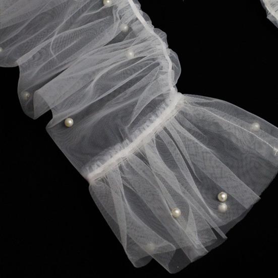 1 Pair Women Prom Arm Covers See-through Lace Faux Pearl Decor Thin Ruffle Pleated Fingerless Literary Style Performances Bride Photo Prop Arm Cuffs