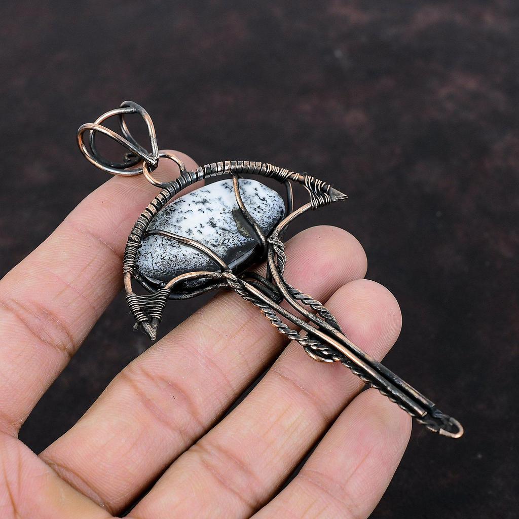 Кулон с дендритом и опалом, кулон в медной проволоке, приличный кулон, медные украшения, кулон ручной работы, кулон из проволоки, ювелирные изделия из драгоценных камней, подарок на годовщину