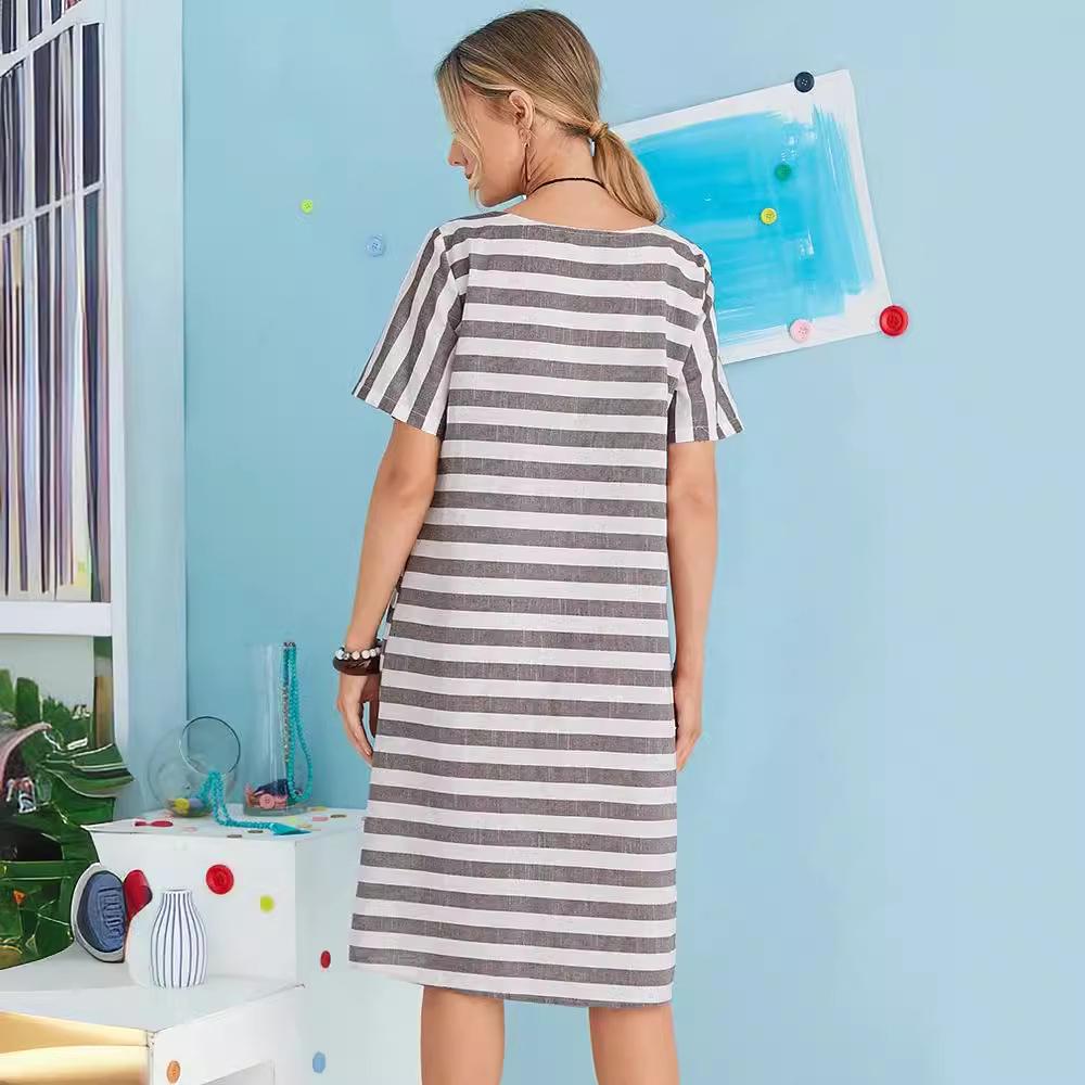 2023 Горячий Стиль Полосатое Платье Женское С Коротким Рукавом и Круглым Вырезом Свободного Покроя Большого Размера
