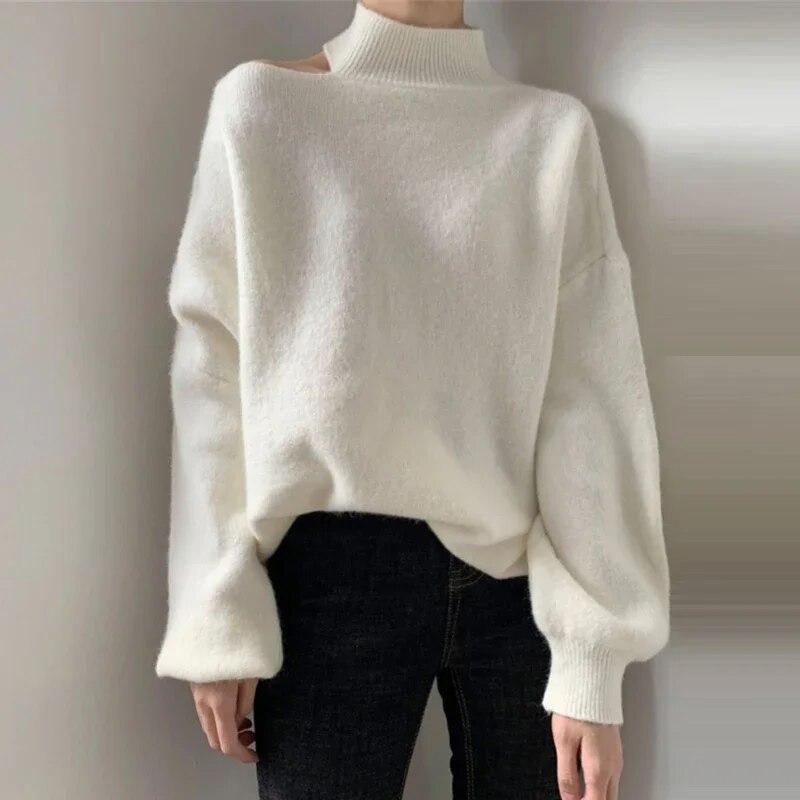 Casual Loose Outerwear Knit Tops Autumn Winter Fashion Sexy Off Shoulder Turtleneck Sweater Pullovers Women Solid Clothes 28353