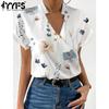 Women's Fashion Casual Summer Spring Flower Pattern Print Short Sleeve V-Neck Blouses & Shirts