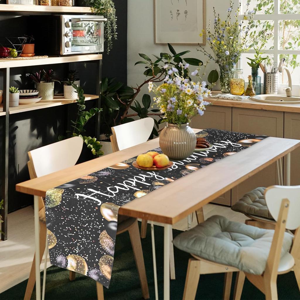 Happy Birthday Table Runner, 72×13In Vintage Black Gold Birthday Table Runner Birthdays Dining Linen Tables Decoration for Men Women Indoor Outdoor