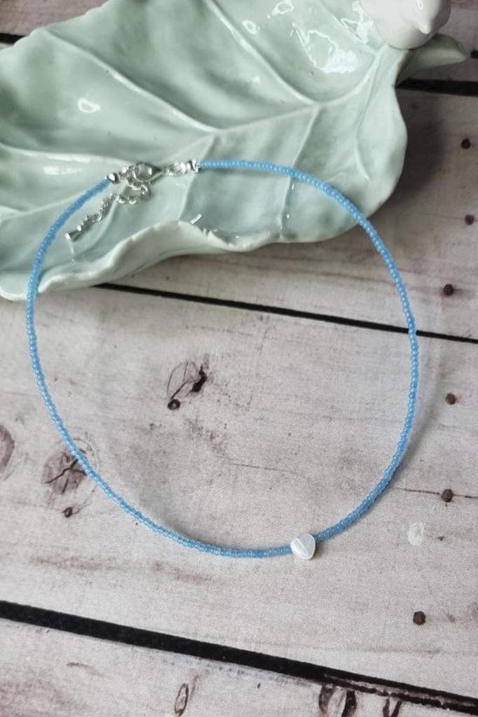 Handmade Choker with Light Blue Seed Beads and Natural Heart Shell Pendant