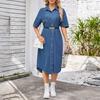 Denim Dress for Women Short Sleeve Jean Dress Button Down Lapel Shirt Dress Summer Midi Shift Dress with Pockets