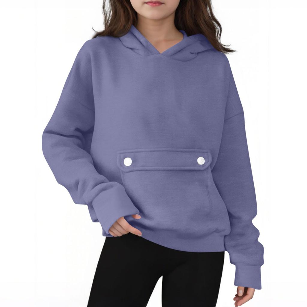 Children's Oversized Pullover Long-Sleeve Hooded Sweatshirt With Button Pockets In Solid Color