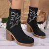 Fashion Fashion White Geometric Pattern Sock Boots Women Autumn Square Toe High Heel Mid Calf Western Cowboy Boots Sexy Slip On Shoes