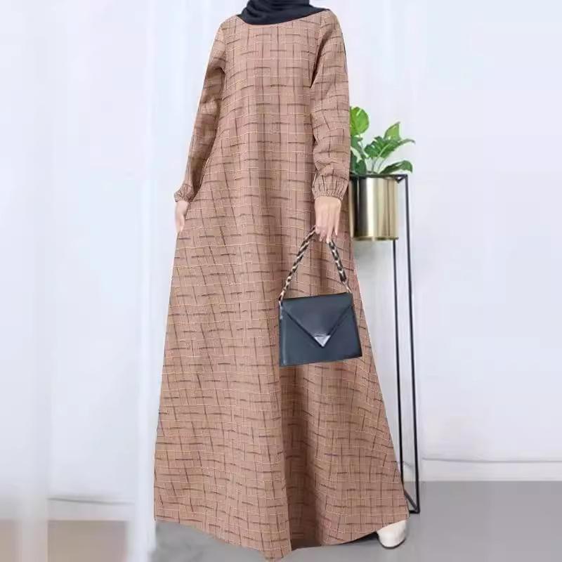 In-Stock Women's Cotton Linen Plaid Long Sleeve Maxi Dress - Casual Loose-Fit for Spring/Autumn
