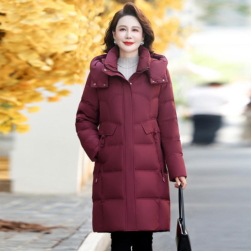 White duck down jacket women's medium and long winter new middle-aged mother clothing thickened loose hooded jacket