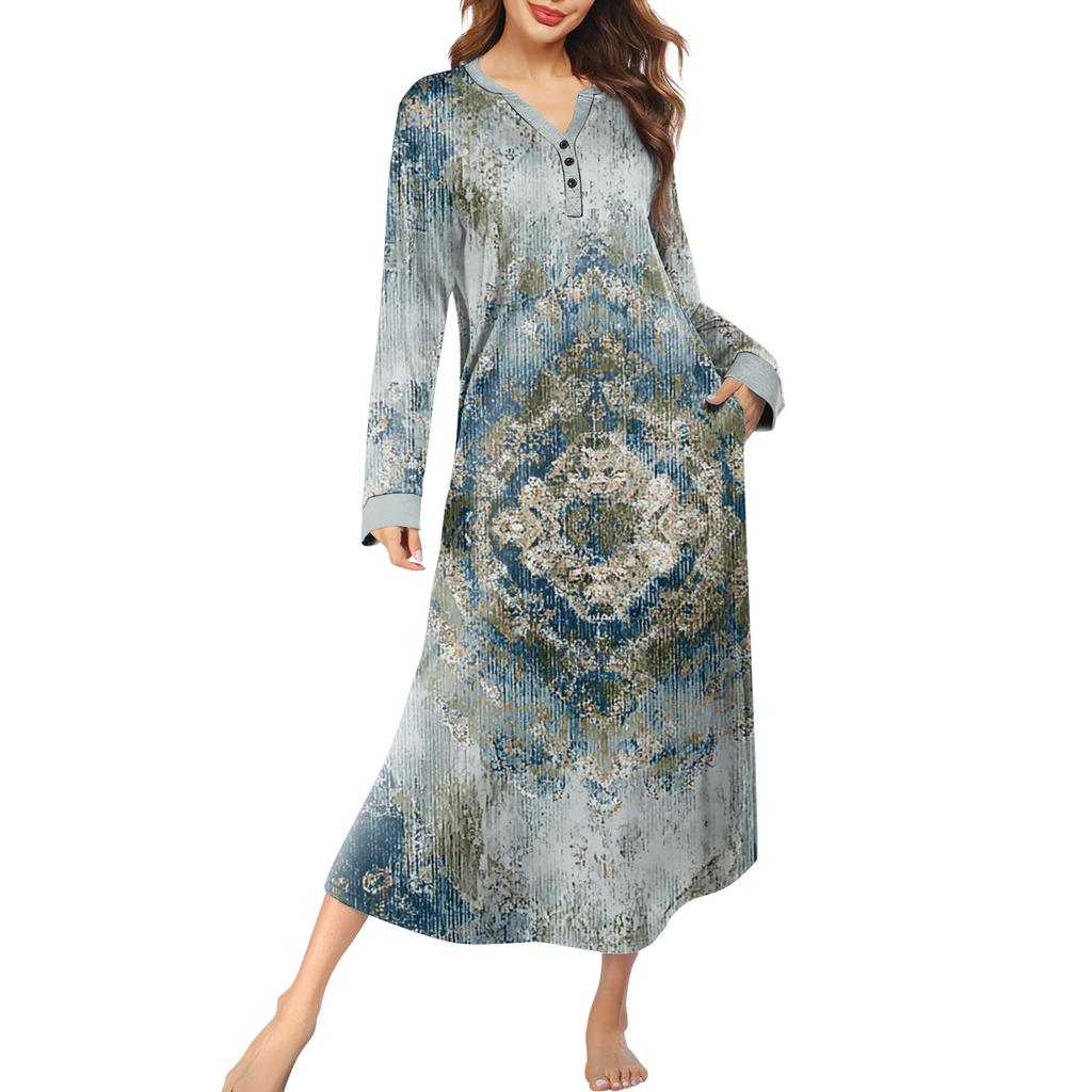 Женская ночная сорочка длинная домашняя одежда с V-образным вырезом и карманами