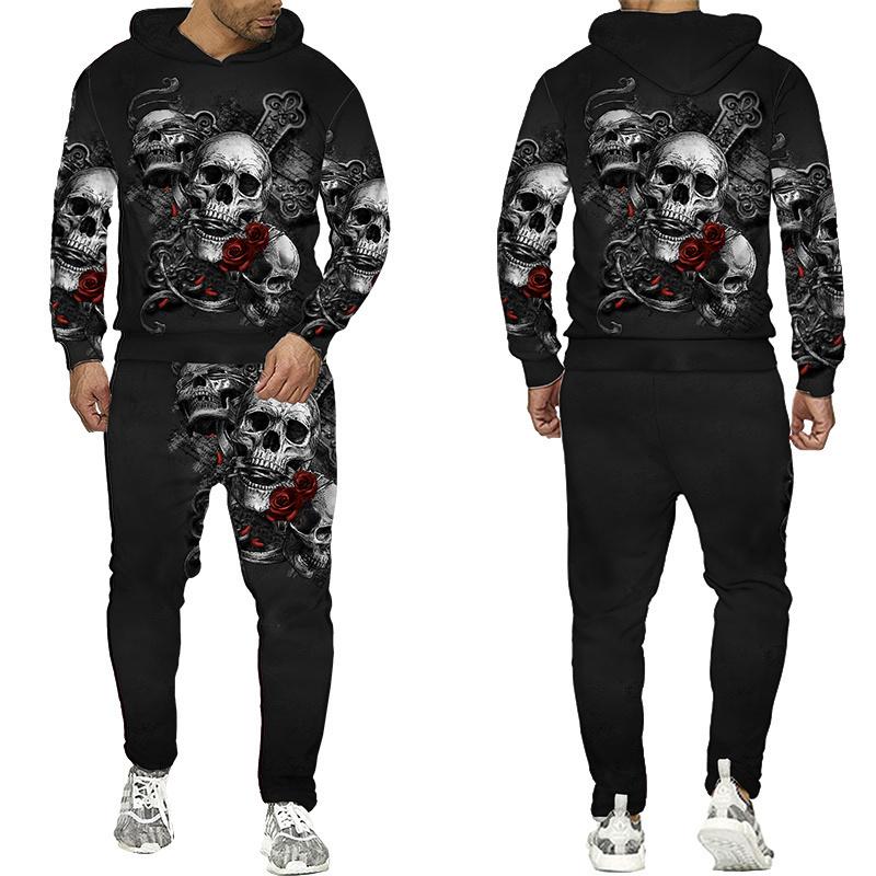 Мужской спортивный костюм, осенне-зимняя толстовка с капюшоном + брюки, комплект из двух предметов, крутой 3D принт черепа, мужские модные толстовки, кофты, костюмы