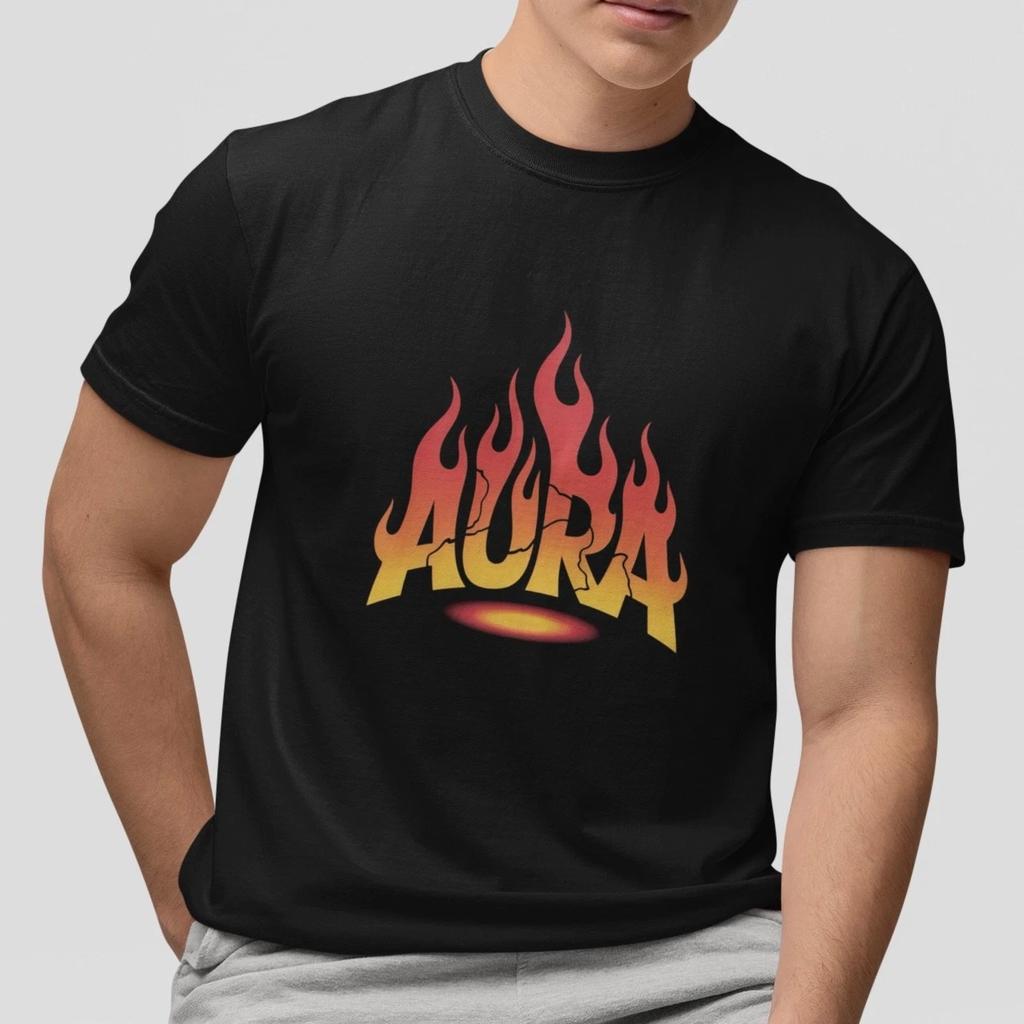 Футболка с графическим принтом AURA Flame Огненные буквы Streetwear Эстетика Модная футболка Унисекс