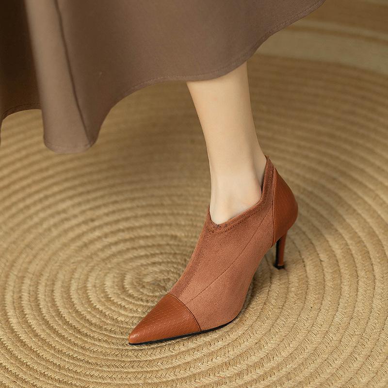 Короткие сапоги на тонком каблуке Coffee Splicing для женщин, весна-осень, сексуальные сапоги на шпильке с острым носком, женские ботильоны
