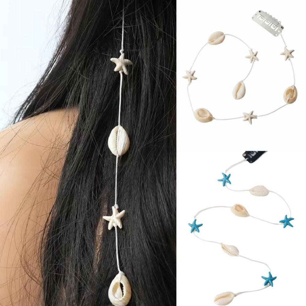 Stylish Starfish Seaside Decorative Hair Clip with Tassels Shell Bead Strands Vacations