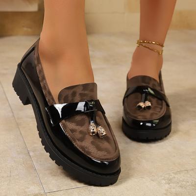 Женские повседневные туфли на платформе и низком каблуке больших размеров, мода весна-осень 2025, леопардовый декор, ленивые лоферы на один шаг.