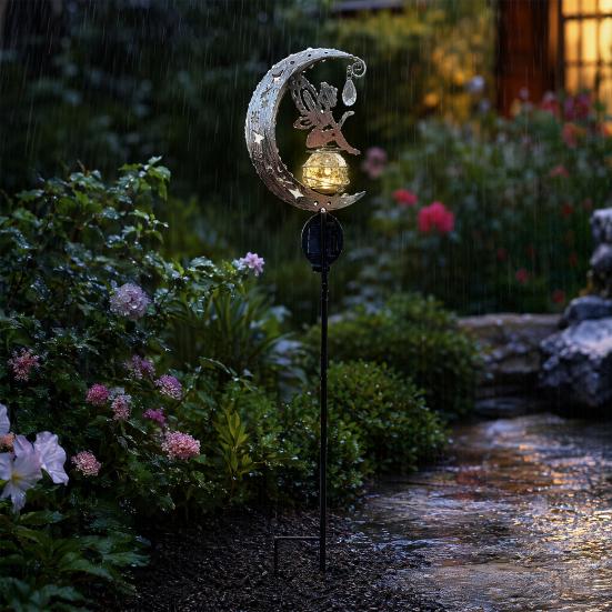 Solar Garden Light, Butterfly Fairy Moon Figurine Stake Light, Outdoor Waterproof Solar Powered Pathway Light for Patio, Lawn, Yard Decor
