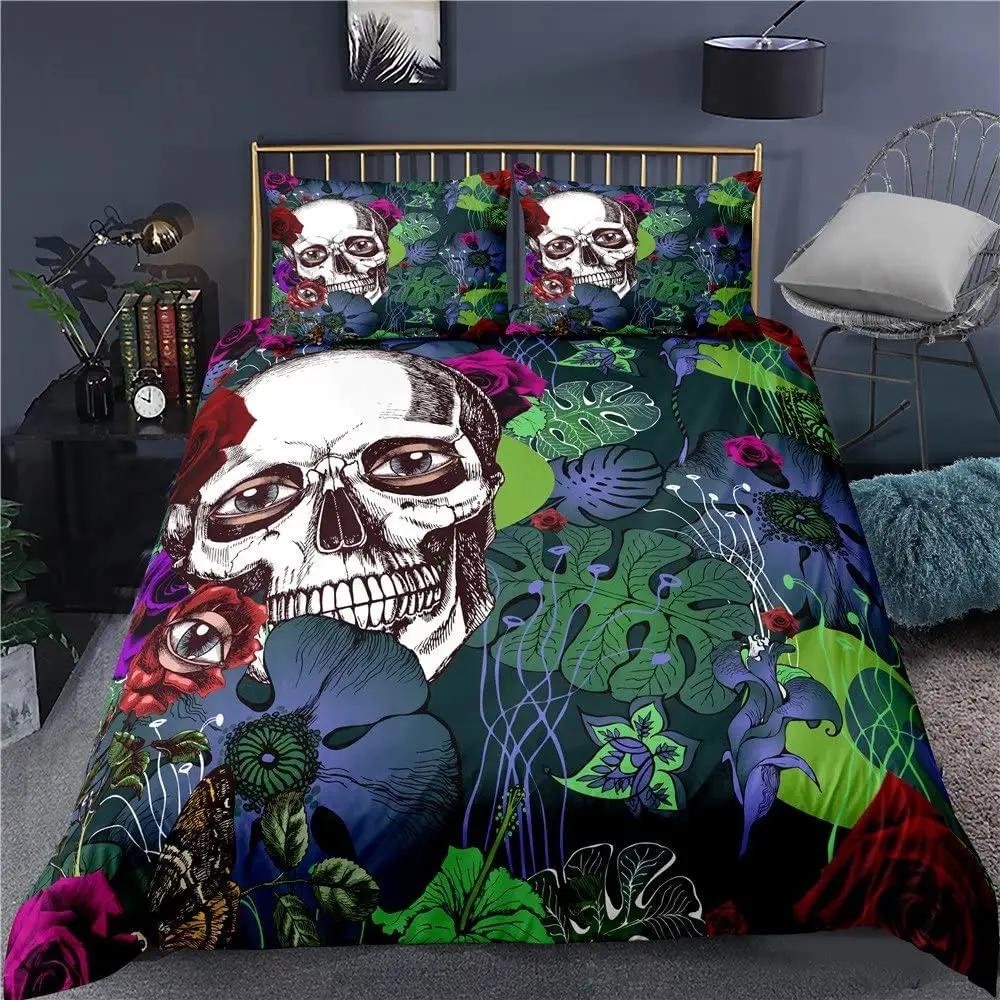 3 Pcs Soft Luxury Youth 100% Polyester Shell 3-Piece Modern Flower Skull Duvet Cover Set Queen Size Red No Comforter
