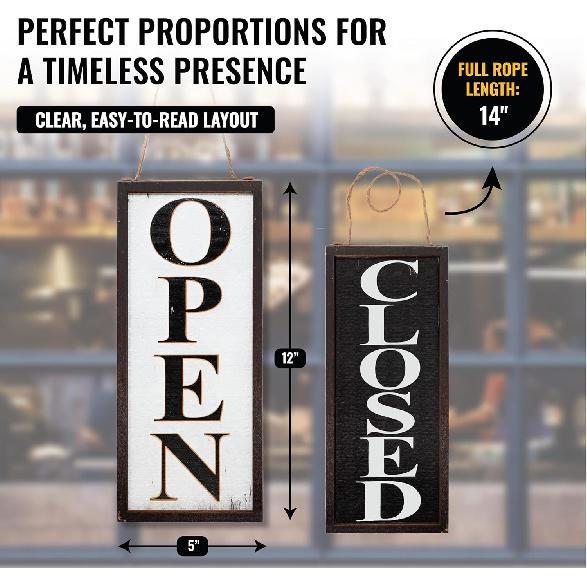 Reversible Open Closed Sign for Business – Durable Wood with Vintage Design - Ideal for Coffee & Café Shops, Retail – Open Signs for Business