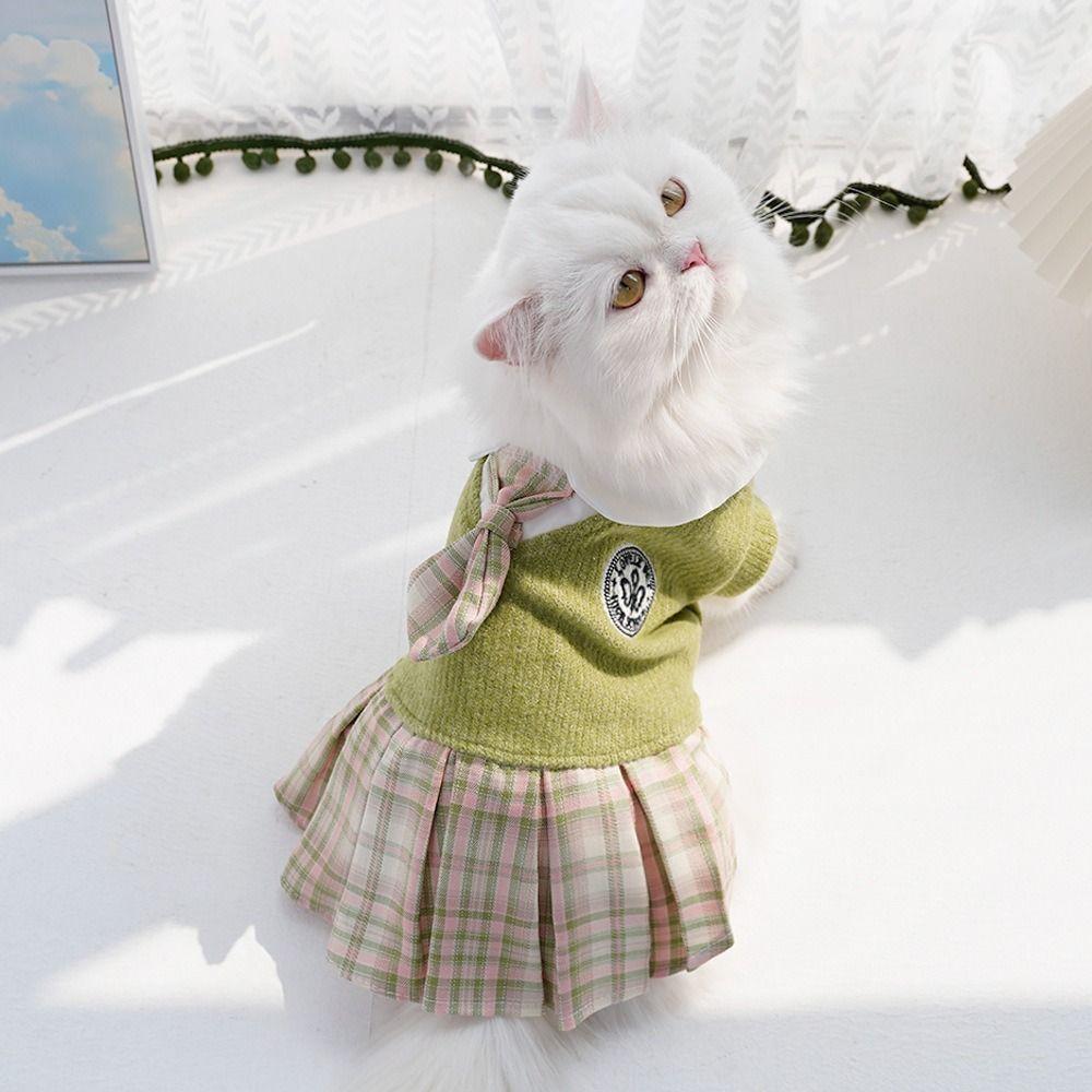 Knitted Cat Clothes Comfortable Design Dog Dress Thicken Pet JK Plaid Skirt  Small Medium Dogs
