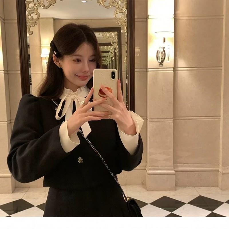 Womens White Vintage Bow Tie Stand Collar Shirt Long Sleeve Casual OL Blouse Petite Women