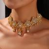 Arab Bride Head Jewelry Gold Color Alloy Hollow Carved Rhinestone Crystal Water Droplet Tassel Head Chain