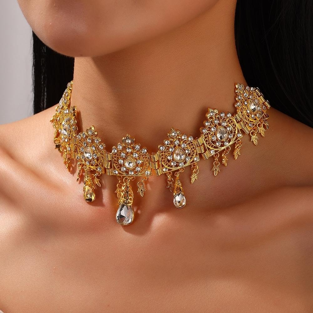 Arab Bride Head Jewelry Gold Color Alloy Hollow Carved Rhinestone Crystal Water Droplet Tassel Head Chain