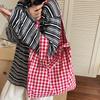 Japanese Retro Red Plaid Canvas Bag Women's 2025 New Lazy Wind Commuter Tote Bag Student Shoulder Armpit Bag