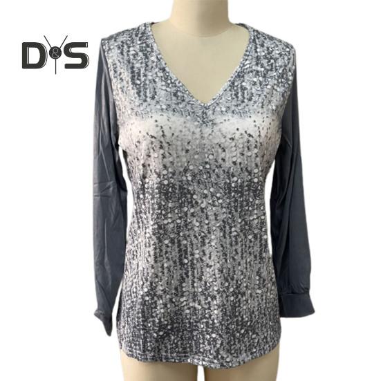 Fall Spring Women Top Shiny Sequin V Neck Long Sleeve Patchwork Loose Pullover Soft Breathable Mid Length Lady Commute Shirt Blouse